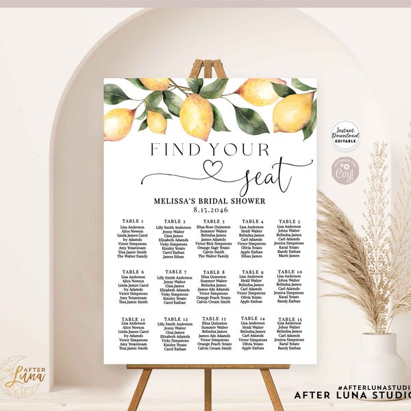 Editable Greenery Lemon Seating Chart Find Your Seat ANY EVENT Bridal Baptism Birthday Wedding Seating Chart Template Instant Download 237BR
