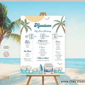 May include: A blue and white printable first birthday sign with a beach theme. The sign features a surfboard, a van, and waves. The sign includes the name Hundson, the age 1, and the text "My First Birthday".
