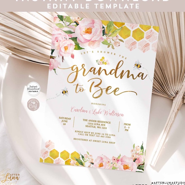 Editable Pink Floral Gold Grandma to Bee Baby Shower Invitation Bee Baby Sprinkle Invites Printable Template Instant Download 1574V2 (7)