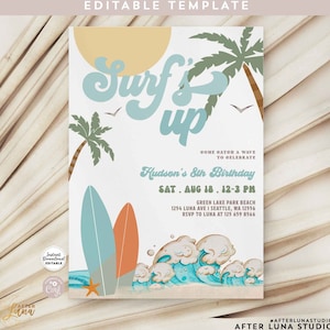 Editable ANY AGE Boy Surf Surfing Birthday Party Invitation Retro Boy Surf Surfboard Beach Party Invite Instant Download 630K1 (3)
