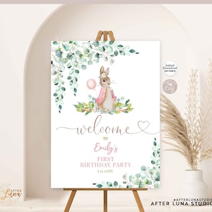 Editable Greenery Girl Pink Peter Rabbit Birthday Baby Shower Sprinkle Birthday Welcome Sign Yard Sign Template Instant Download 1455K2