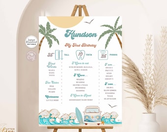 May include: A printable first birthday poster with a tropical theme. The poster features a palm tree, a surfboard, and a van. The poster is decorated with the name "Hundson" and the text "My First Birthday". The poster also includes information about the child's height, weight, and number of teeth.