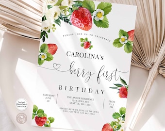 Editable 1st BERRY FIRST Strawberry Birthday Invitation Berry 1st First Strawberry Invite Invites Instant Download 236K1 (2)