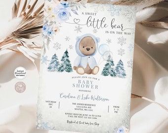 Editable Winter Boy Teddy Bear Baby Shower Invitation Boy Bear Invite A Sweet Little Bear Invites Template Instant Download 389V3 (3)