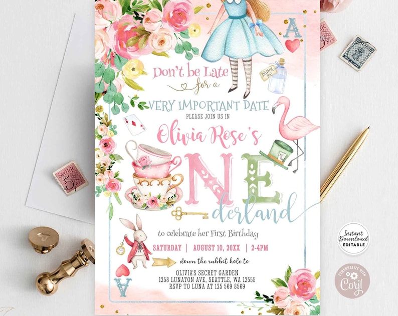 Editable Alice in Wonderland Invitation Alice in Onederland 1st Birthday Mad Tea Party Invite Printable Template Instant