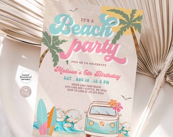 Bearbeitbar JEDEM ALTER Mint Pink Girl Beach Party Birthday Party Einladung Retro Surf Van Surfboard Beach Party Invite Instant Download 661K4 (4)