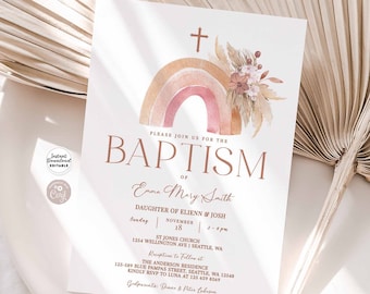 Editable Boho Rainbow Baptism Invitation Pink Pampas Grass Boho Rainbow Baby Shower Invite Printable Template Instant Download 530B1 (1)