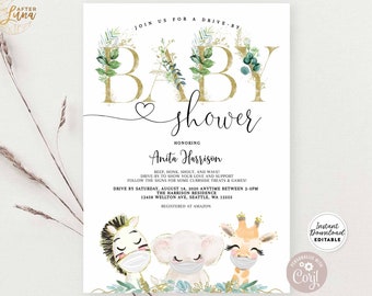 Editable Drive By Safari Baby Shower Parade Invitation Genre Neutre Garçon Verdure Woodland Deer Bear Animal Drive By Sprinkle Invite AL611