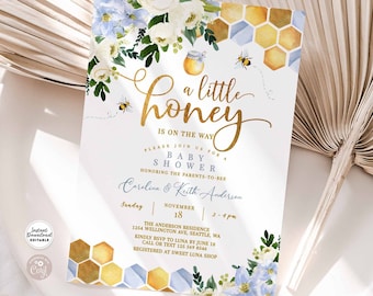 Modello modificabile floreale blu un po' di miele Baby Shower Boy Cospargere invito Baby Boy Bee Honey Shower Template Download immediato 1574V3 (4)