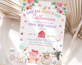 Bearbeitbare Bauernhof Geburtstagseinladung Mädchen Floral Scheunen Tiere Party einladen Ranch Kinder Bauernhof Einladung Mädchen bearbeitbar Sofortiger Download 224K1 (1)
