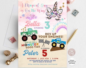 May include: A pink and blue birthday invitation with a unicorn and monster truck theme. The invitation says "A Magical Day is On the Way!" and features the name "Bella" turning 3 and "Peter" turning 5. The invitation includes the date and time of the party, the address, and an RSVP number. The text "Rev Up Your Engines!" is also included.