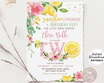 Invitación de cumpleaños de limón editable 2º limón rosa poco apretón invitación de cumpleaños sol limonada diversión invitación descarga instantánea 157KID