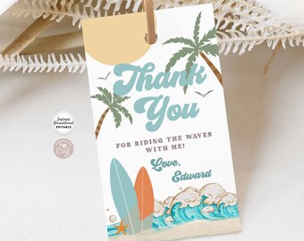 May include: A thank you tag with a beach theme. It features a blue and white wave design with two surfboards, palm trees, and a yellow sun. The text reads "Thank You" in a retro font, "For riding the waves with me!" and "Love, Edward".