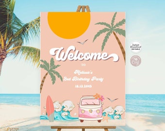 May include: A pink welcome sign with a retro-style font, palm trees, a sun, and a pink van with flowers on the roof. The text on the sign reads "Welcome to Melissa's 2nd Birthday Party 16.13.2045".