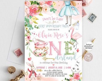 Bearbeitbare Alice im Wunderland-Einladung Alice in Onederland 1. Geburtstag Mad Tea Party einladen Druckbare Vorlage Sofort-Download 789 (1)