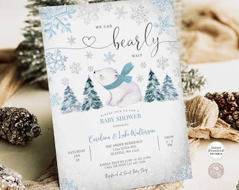 Blue Winter Snowflake Polar Bear Baby Shower Invitation: Boy Bearly Wait Invite Template 874V1(2)