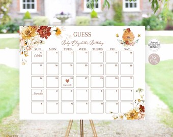 May include: A printable baby shower game sign with a floral design and a calendar for guests to guess the baby's due date. The sign says "Guess Baby Elizabeth's Birthday".