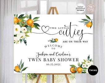 Editable TWINS Two Little Cuties are on their Way Orange Baby Shower Sprinkle Welcome Sign Printable Template Instant Download 248V1