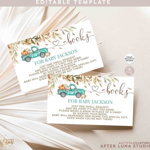 Bearbeitbare Herbst Kürbis Teal Truck Baby Shower personalisierte Buch Anfrage Einlage Bringen Sie ein Buch statt Karteneinlage Vorlage Editierbar 1261V4