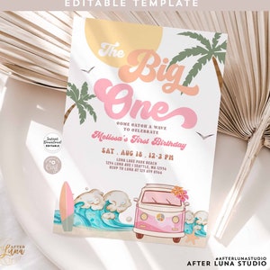 Modificabile The Big One Surfing 1st Birthday Party Invitation Retro Girl Surf Van Surfboard Beach Party Invitation Instant Download 661K1 (1-1)