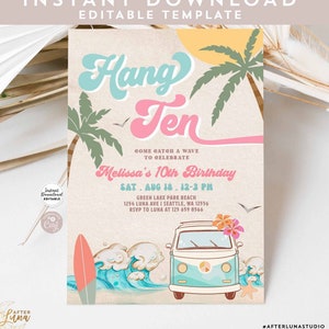Editable 10th Pink Mint Girl 10th Surfing Birthday Invitation Girl Surf Van Surfboard Beach Party Invitation Instant Download 661K4 (3)