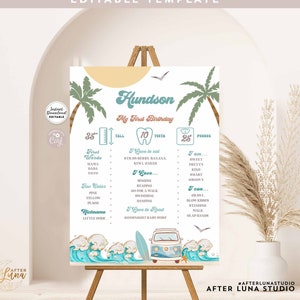 Editable Boy Blue The Big One 1st Birthday Party Milestone Poster Birthday Facts Surf Van Surfboard Beach Party Instant Download 661K3
