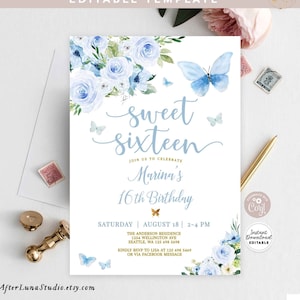 Invito per il compleanno dei 16 anni con farfalla blu modificabile Modello per la festa di compleanno dei 16 anni con farfalla dolce per adolescenti Download immediato 1402