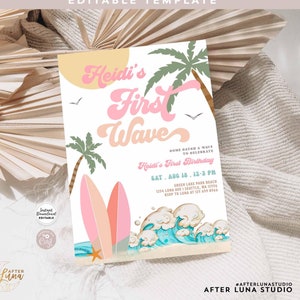 May include: A printable invitation for a first birthday party with a beach theme. The invitation features a pink and blue surfboard, a wave, and palm trees. The text on the invitation reads "Heidi's First Wave" and includes the date, time, and location of the party.
