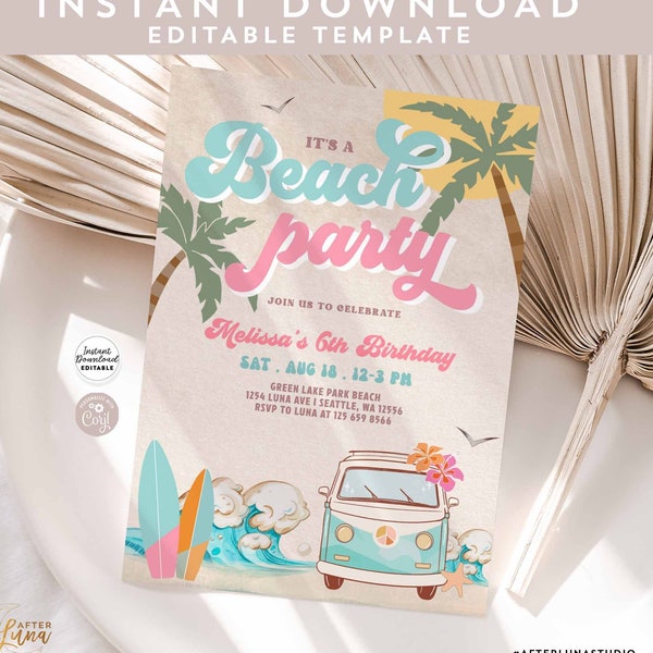 Modifiable à tout âge fille rose menthe Beach Party Invitation de fête d'anniversaire Surf rétro Van planche de surf Beach Party Inviter téléchargement immédiat 661K4 (4)