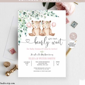 Editable TWIN GIRLS Pink Bear We Can Bearly Wait Baby Shower Invite Pink Balloon Teddy Bear Invitation Template Instant Download 1432V5 (1)