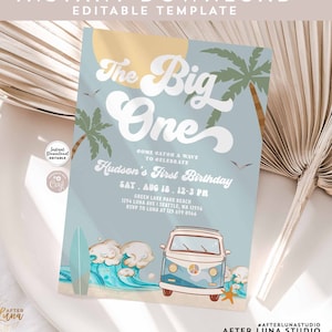 Editable Boy The Big One Surfing 1st Birthday Party Invitation Retro Boy Surf Van Surfboard Beach Party Invite Instant Download 661K3 (1)