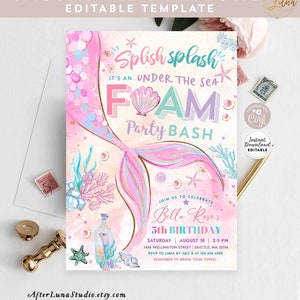 Editable Mermaid Under the Sea Foam Party Invitation Girl Birthday Invite Party Birthday Invite Printable Template Instant Download 1328 1 image 1