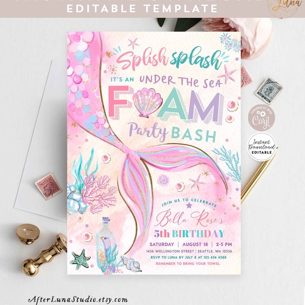 Editable Mermaid Under the Sea Foam Party Invitation Girl Birthday Invite Party Birthday Invite Printable Template Instant Download 1328 (1)