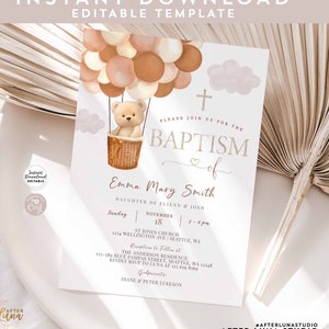 Invitación editable para bautismo con globo aerostático, color beige crema y neutro, para bautizo, con osito de peluche, para imprimir y descargar al instante 905B6 (1)