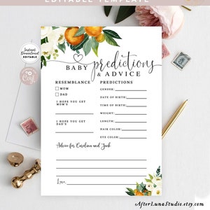 Bewerkbare gepersonaliseerde Citrus Orange A Little Cutie Virtual Baby Voorspellingen en Advies Gender Neutral Game Printable Instant Download 248V1