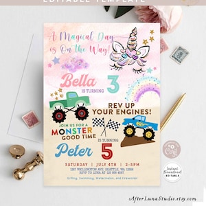 Editable Joint Boy Girl Unicorn Monster Truck Wheel Birthday Invitation Double Ages Birthday Printable Template Instant Download 1439