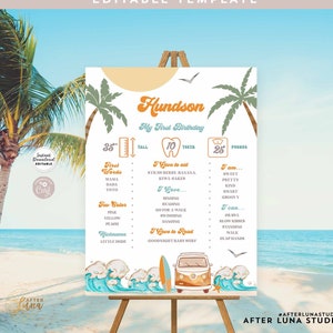 May include: A colourful printable first birthday sign for a boy with a beach theme. The sign features a surfboard, a van, and waves. It includes the name "Hundson", the age "1", and details about the child's first year, such as height, weight, and favourite foods.