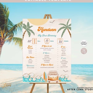 May include: A colourful printable first birthday sign for a boy with a beach theme. The sign features a surfboard, a van, and waves. It includes the name "Hundson", the age "1", and details about the child's growth and development. The sign is decorated with palm trees, a sun, and a blue and white colour scheme.