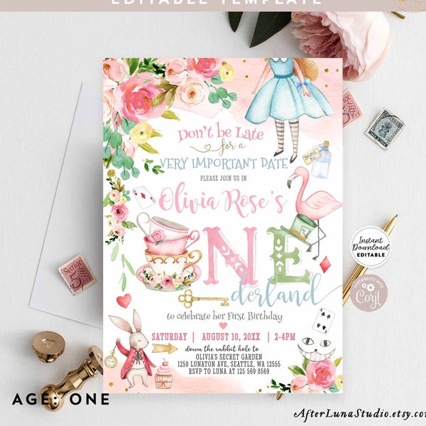 Editable Alice in Wonderland Invitation Alice in Onederland 1st Birthday Mad Tea Party Invite Printable Template Instant Download 789 (1)