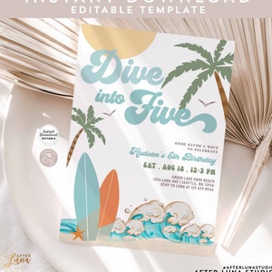 Editable Boy Dive Into Five Surfing 5th Birthday Party Invitation Retro Boy Surf Van Surfboard Beach Party Invite Instant Download 630K1 (5)