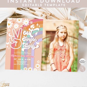 Editable Rainbow Peace Out Single Digits Groovy 10th Birthday Invite Daisy Rainbow Hippie Birthday Invitation Instant Download 633K1 (10-2)