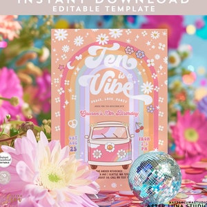 Editable Ten is a Vibe 10th Birthday Invitation Daisy Groovy Van Hippie Rainbow Birthday Invite Invites Instant Download Template 607K1 (10)