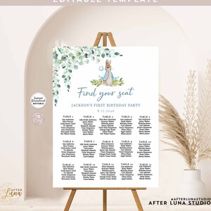 Bewerkbare groen jongen Peter Rabbit zitplaatsen grafiek Vind uw stoel ELK GEBEURTENIS Bruidsdoop Verjaardag Bruiloft Sjabloon Instant Download 1455K1