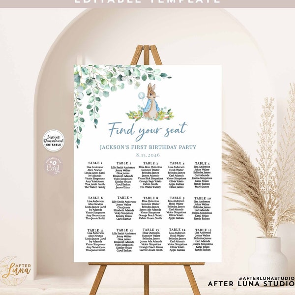 Editable Greenery Boy Peter Rabbit Seating Chart Find Your Seat ANY EVENT Bridal Baptism Birthday Wedding Template Instant Download 1455K1