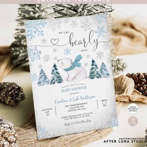 May include: A blue and white baby shower invitation with a watercolor illustration of a polar bear wearing a blue scarf in a snowy forest. The text reads "We can bearly wait" and includes the names "Carolina & Luke Walterson".