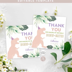 May include: Two square printable birthday thank you cards with a dinosaur graphic wearing a party hat. The cards have the text "Thank You" and "Ding-Mite!" with the name "Catherine" and the date "5.15.2046". The cards are decorated with watercolor leaves.