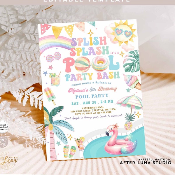 Editable ANY AGE Splish Splash Pool Party Birthday Invitation Girly Pool Splash Pad Water Park Birthday Invite Digital Template 602K1 (4)