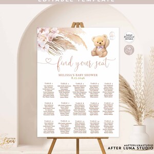 Bewerkbare roze pampagras meisje teddybeer zitplaatsen tabel babydouche strooi zitplaatsen grafiek afdrukbare sjabloon Instant Download 904V2