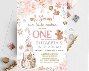 Editable Oh Snap Gingerbread Cookie Decorating Birthday invitation Pink Rose Gold Winter Birthday Invite Template Instant Download 154 (5)
