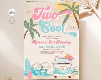 Bearbeitbare Rosa Minze zwei coole Surfen 2.Geburtstagseinladung Mädchen Surf Van Surfbrett Strandparty Einladung Sofort-Download 661K4 (11)